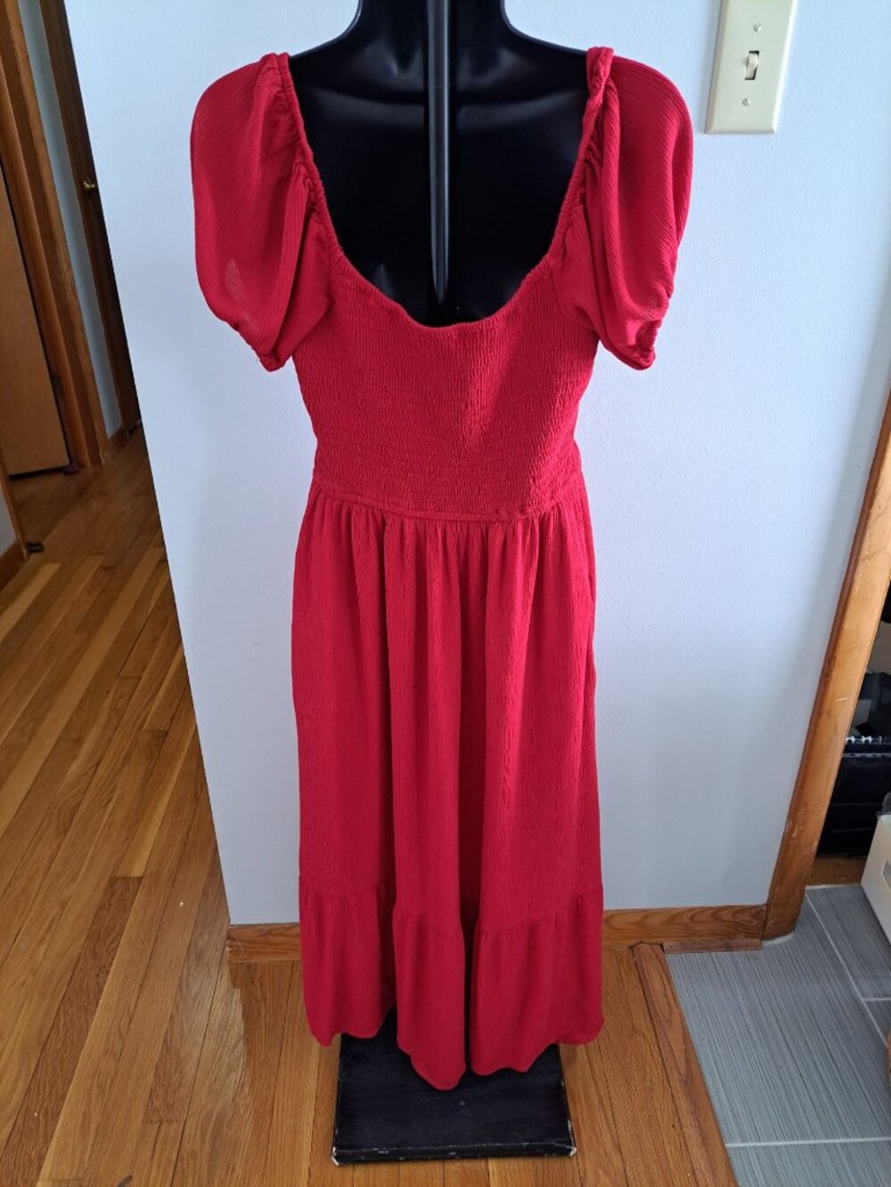 Y2K Hollister Babydoll Red Smocked Midi Dress Milkmaid Puff Sleeve Medium - Picture 5 of 11